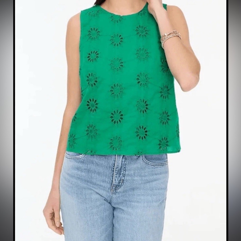 J. Crew Vibrant Green Eyelet Sleeveless Blouse